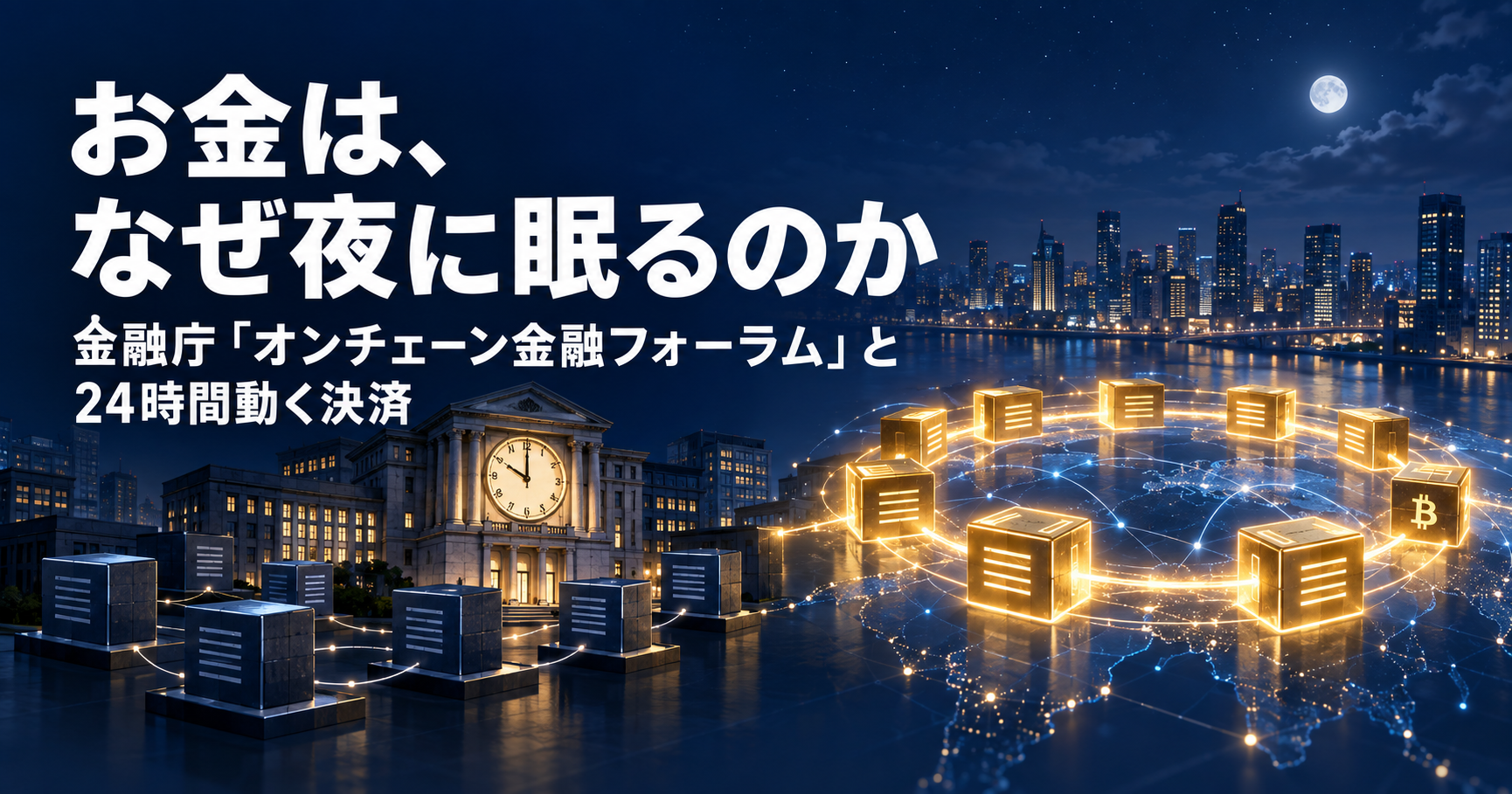 お金は、なぜ夜に眠るのか｜金融庁「オンチェーン金融フォーラム」と24時間動く決済（夜の街と、つながって光るブロックの図）