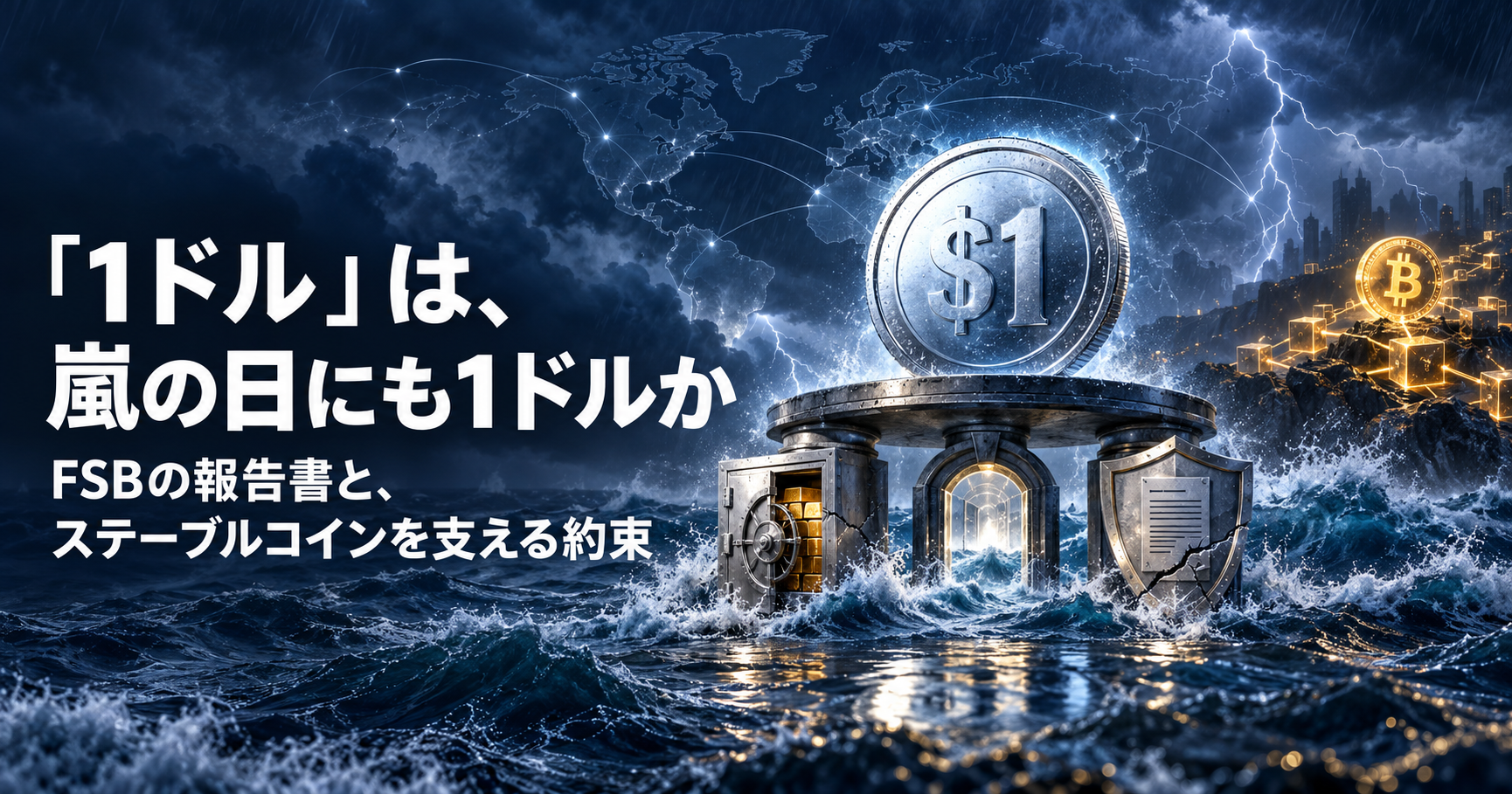 嵐の海に立つ1ドル硬貨と、それを支える金庫・扉・盾の三本の柱。ステーブルコインを支える三つの約束を表した表紙画像