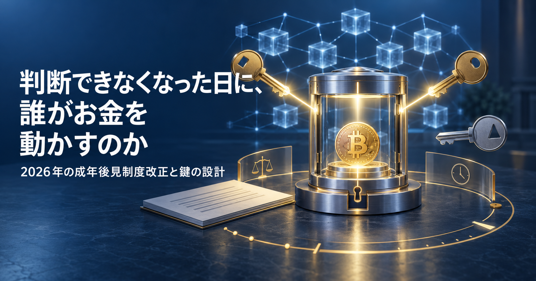 三本の鍵のうち二本で開く金庫と、その中のBitcoin。背後にブロックチェーンの図。成年後見制度の改正と鍵の設計を表した表紙画像