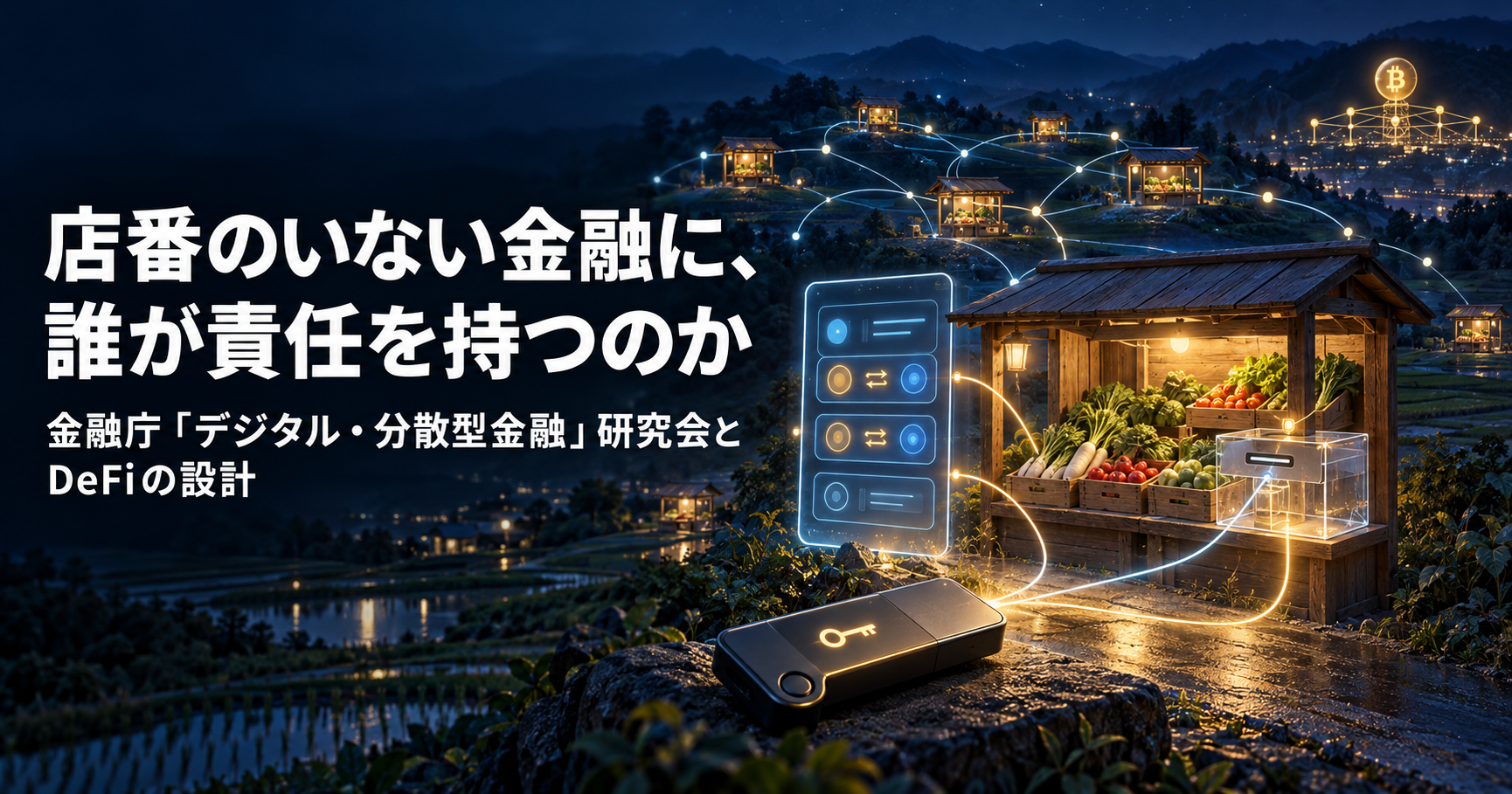 夜の畑の脇にある野菜の無人販売所と、スマートフォンの画面、鍵の付いたウォレットが光の線でつながる表紙画像。店番のいない金融に、誰が責任を持つのか
