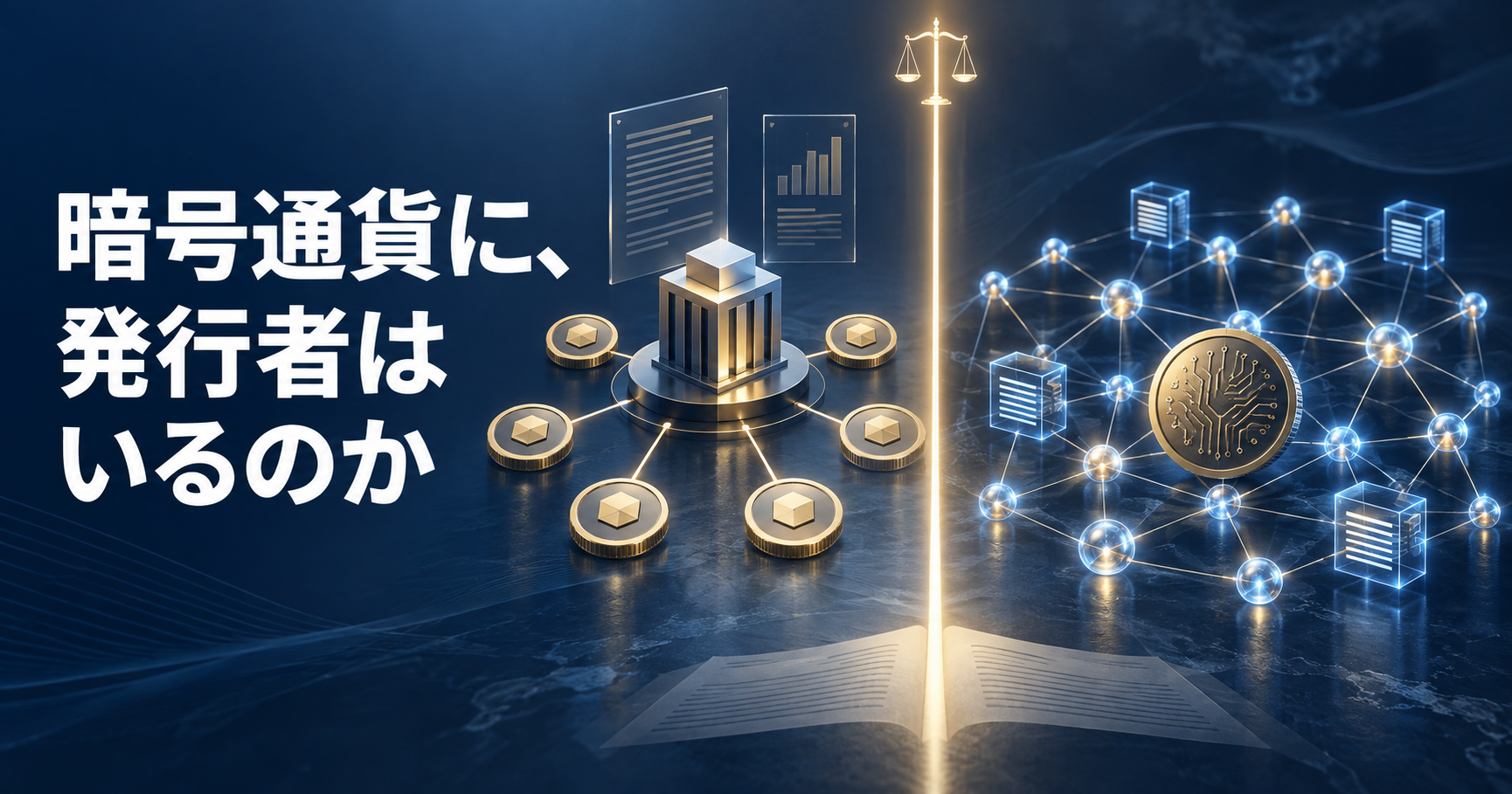 発行者がいる仕組みと、発行者がいない分散型ネットワークを一本の線で対比した記事表紙