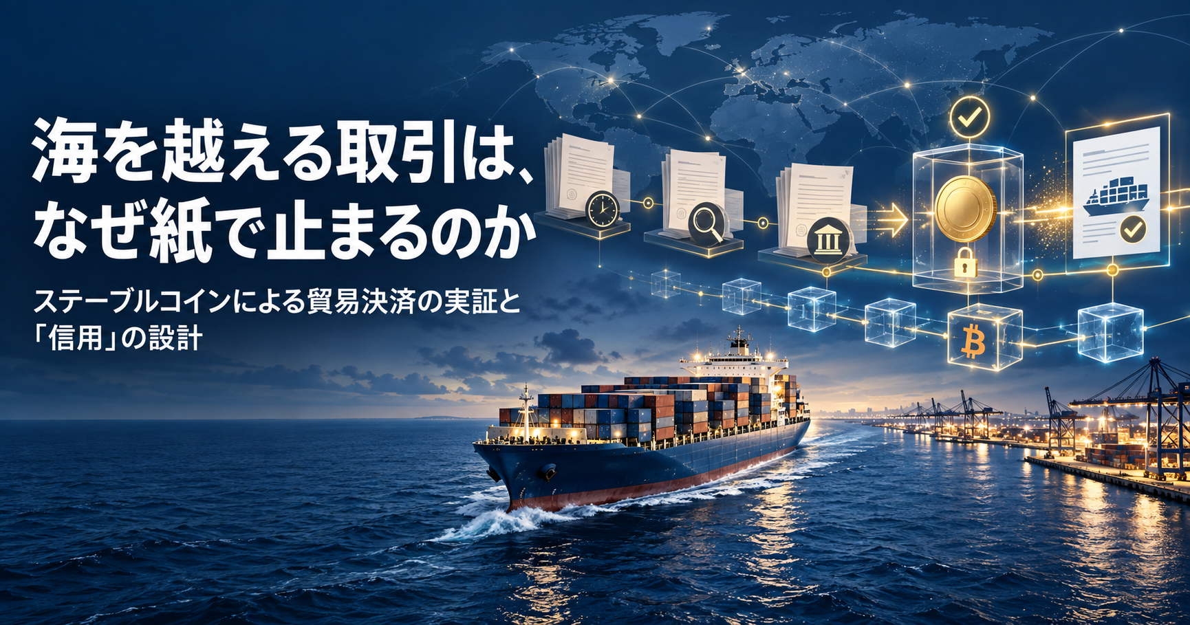 夜の海を進むコンテナ船と、書類から支払いまでがブロックチェーンの記録でつながる様子を描いた表紙画像