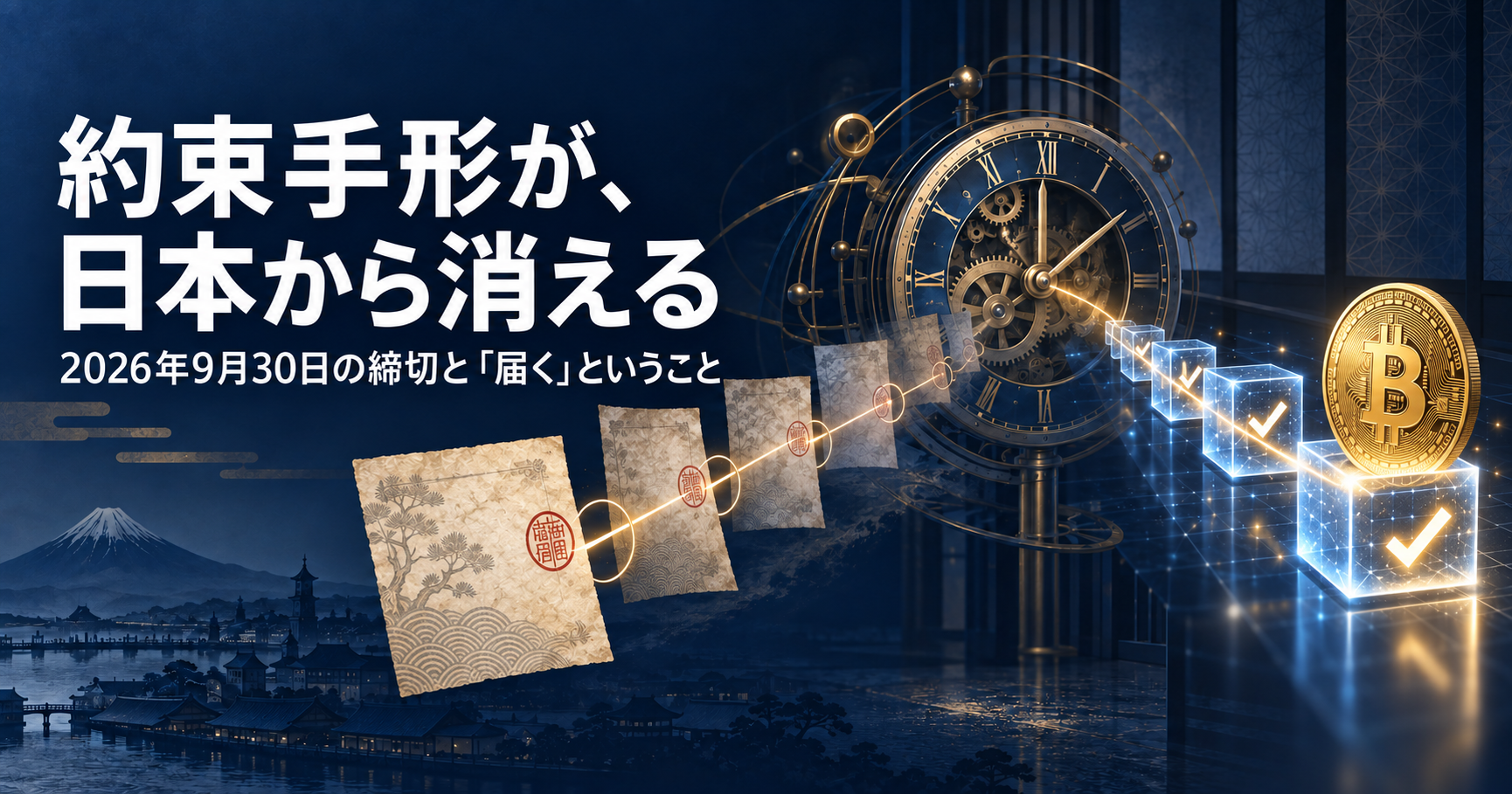 和紙の約束手形が連なり、歯車の時計を抜けて、承認済みのブロックとBitcoinへとつながる図